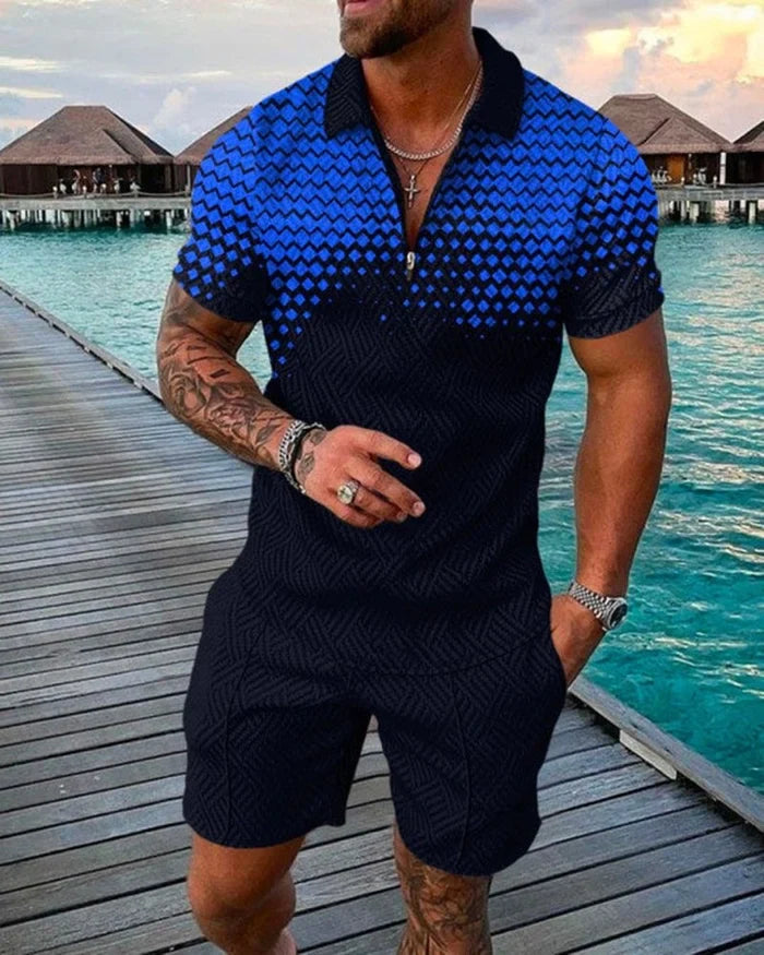 Ocean Blue Gradient Polo Shirt And Shorts Co-Ord