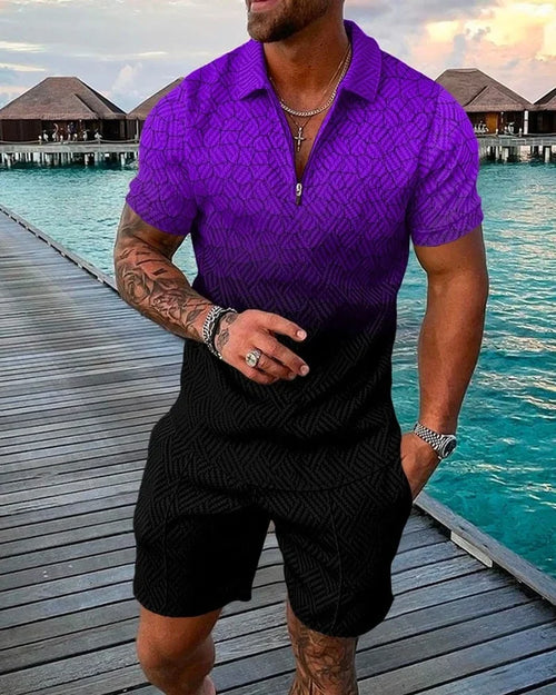 Purple Gradient Polo Shirt And Shorts Co-Ord