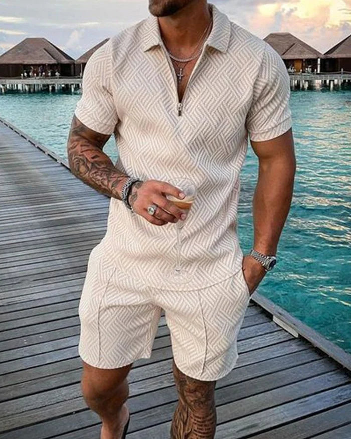 Lapel Cream Polo Shirt And Shorts Co-Ord