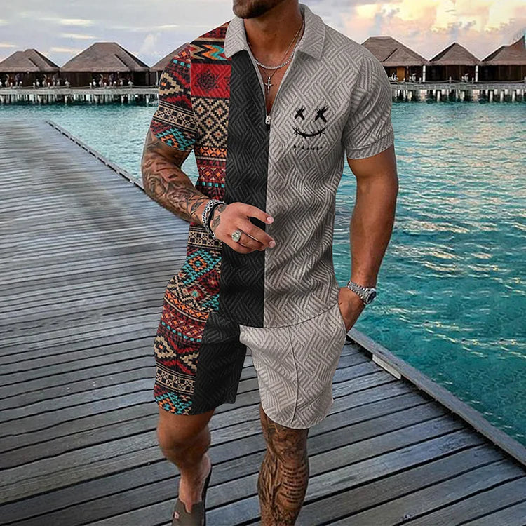 Two Tone Ethnic Polo Shirt And Shorts Co-Ord